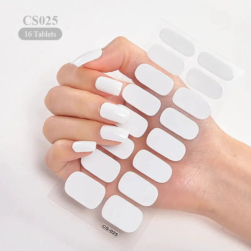 Full Cover white nail stickers sheet, 16 self-adhesive rounded-rectangle patches for manicure