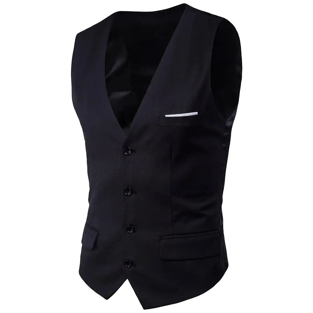 Men's black suit waistcoat with button-front and chest pocket featuring a white pocket square