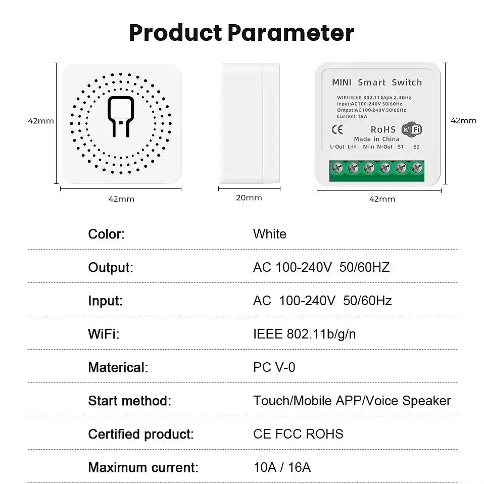 Mini 16A WiFi smart switch module, white, by Simples Market, supports 2-way control.