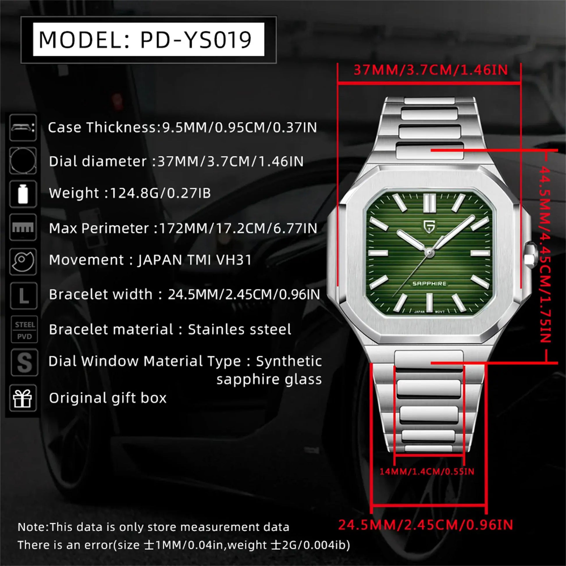PAGANI DESIGN men's quartz wristwatch with stainless steel bracelet and green dial