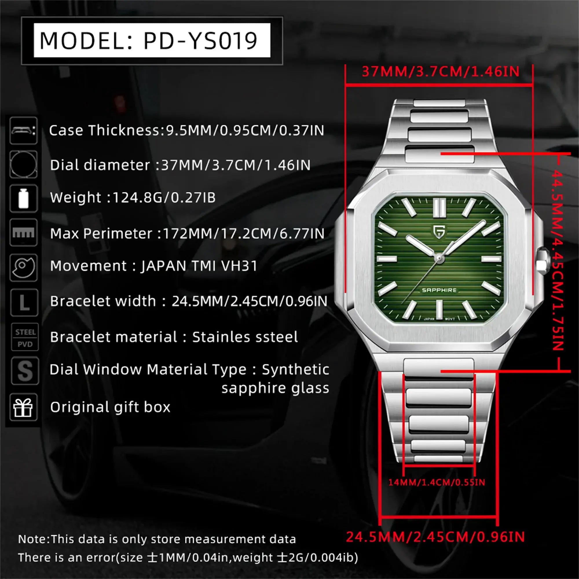 PAGANI DESIGN men's quartz wristwatch with stainless steel bracelet and green dial