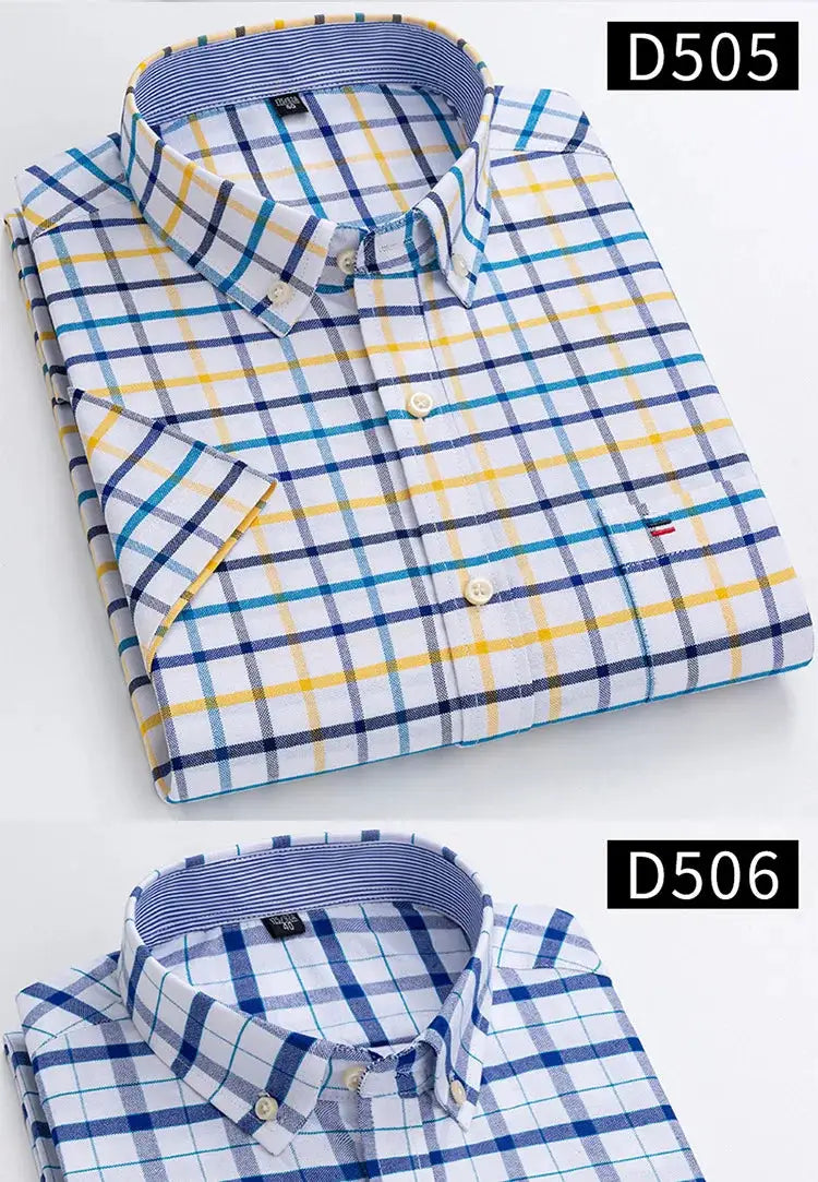 Men's short-sleeve cotton plaid shirt, blue, white and yellow, 2-pack