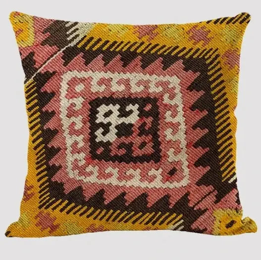 Bohemian pattern linen cushion case with multicolor abstract ethnic geometric print for living room decor