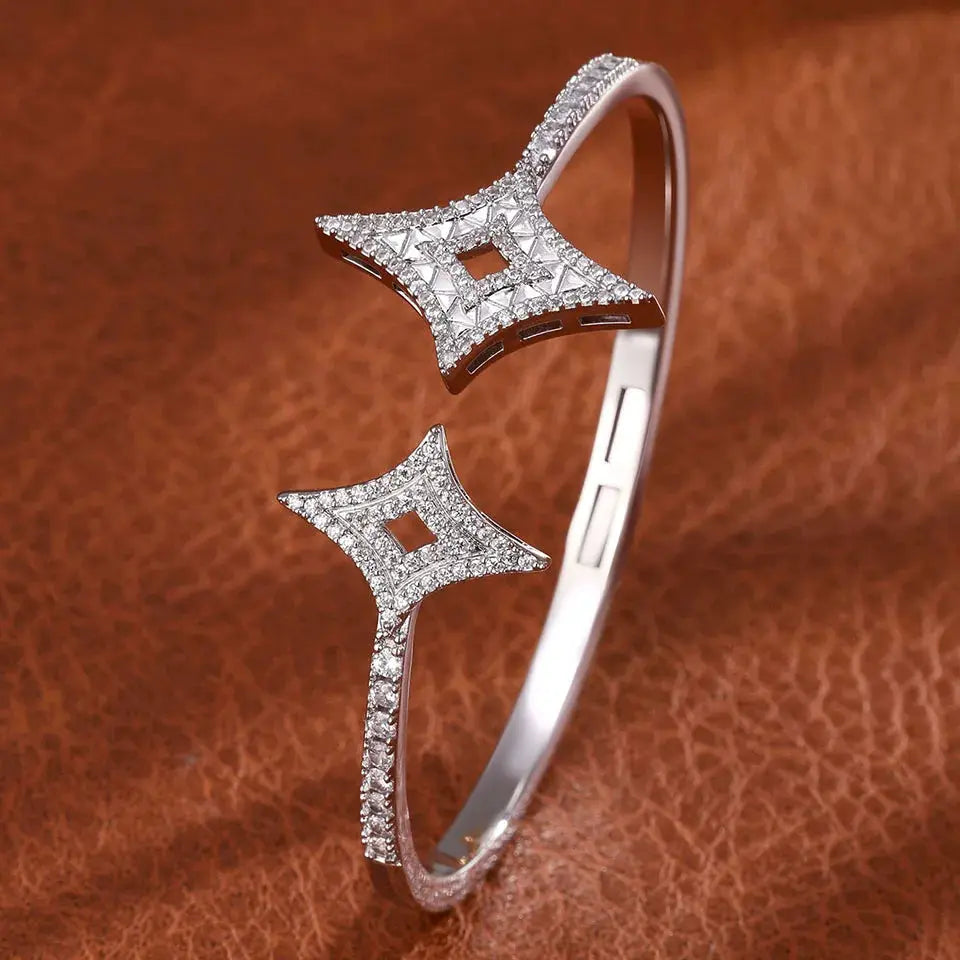 Luxury Geometry Gold Color Cuff Bangles For Women With Cubic Zirconia Bracelets For Party And Everyday Wear