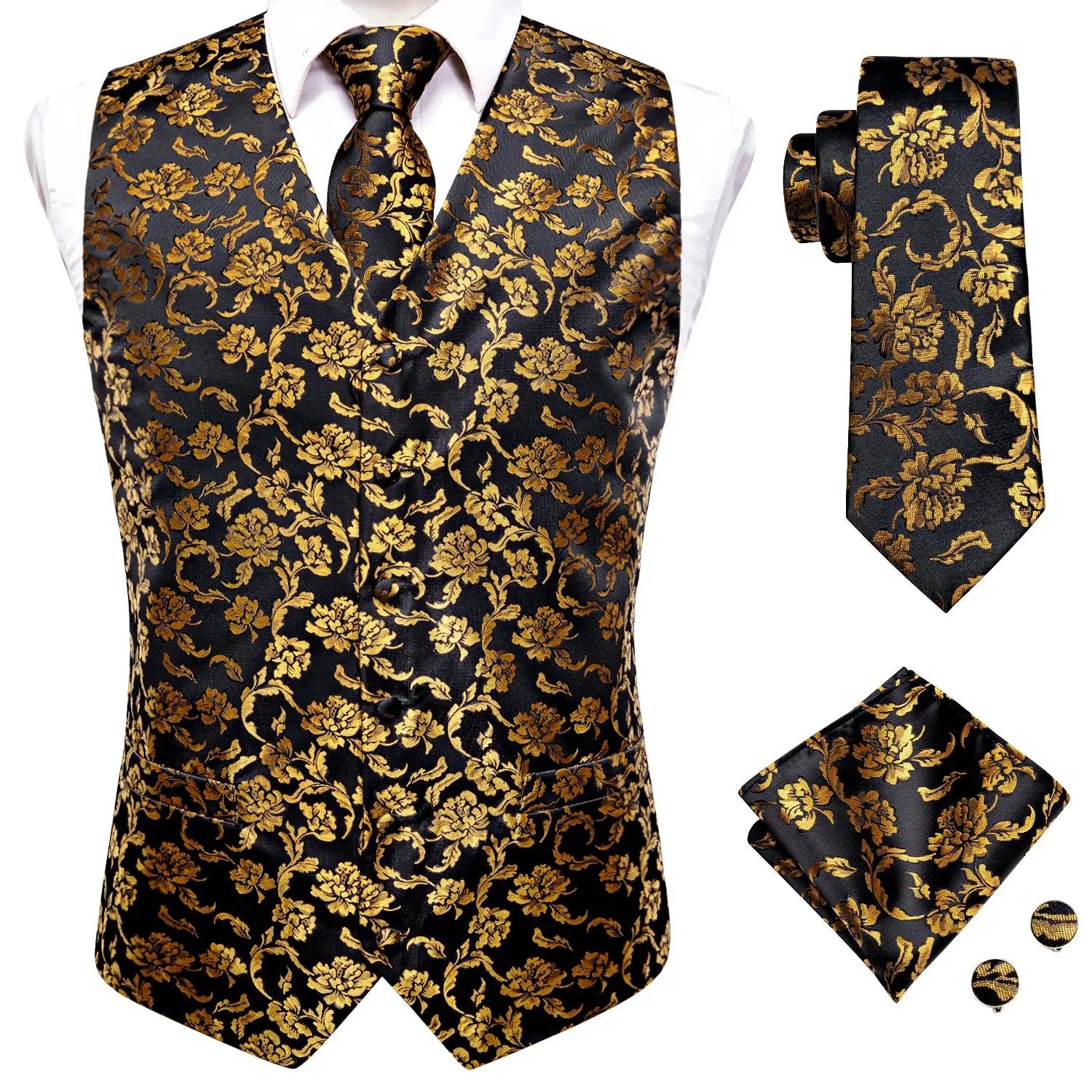 Men's black and gold paisley waistcoat set with tie, pocket square, and cufflinks