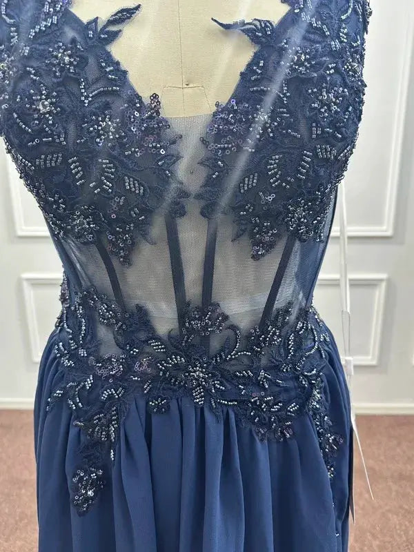 Navy Blue Spaghetti Straps A Line Evening Dress Appliques Prom Gown
