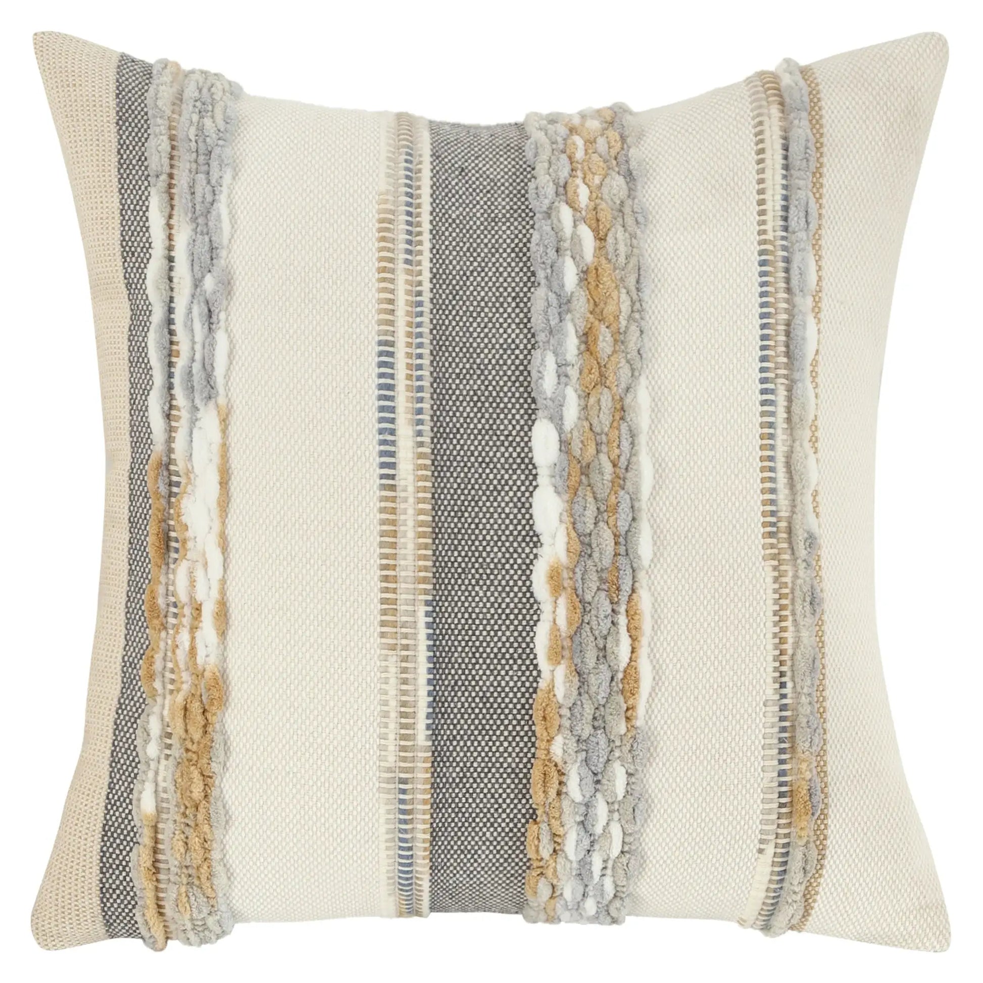 Boho throw pillow cover 18x18 in; beige base with gray and tan striped chenille accents