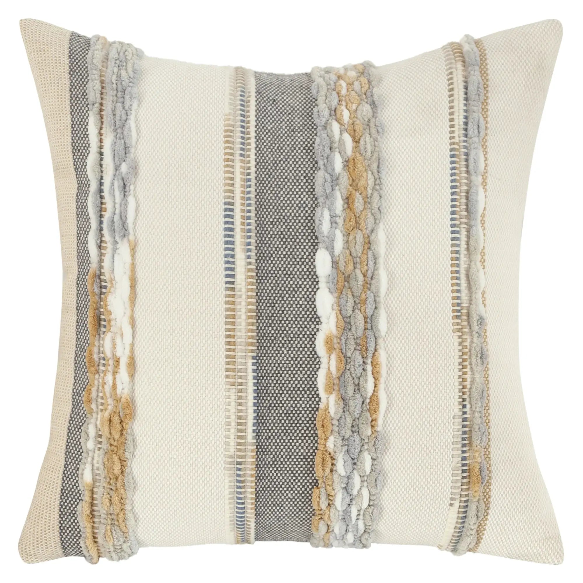 Boho throw pillow cover 18x18 in; beige base with gray and tan striped chenille accents