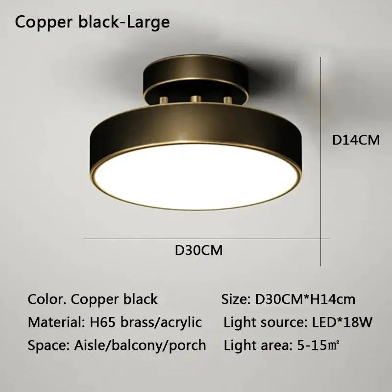 Modern LED ceiling light in copper-black with brass/acrylic finish, D30cm x H14cm for aisles/balconies/porches