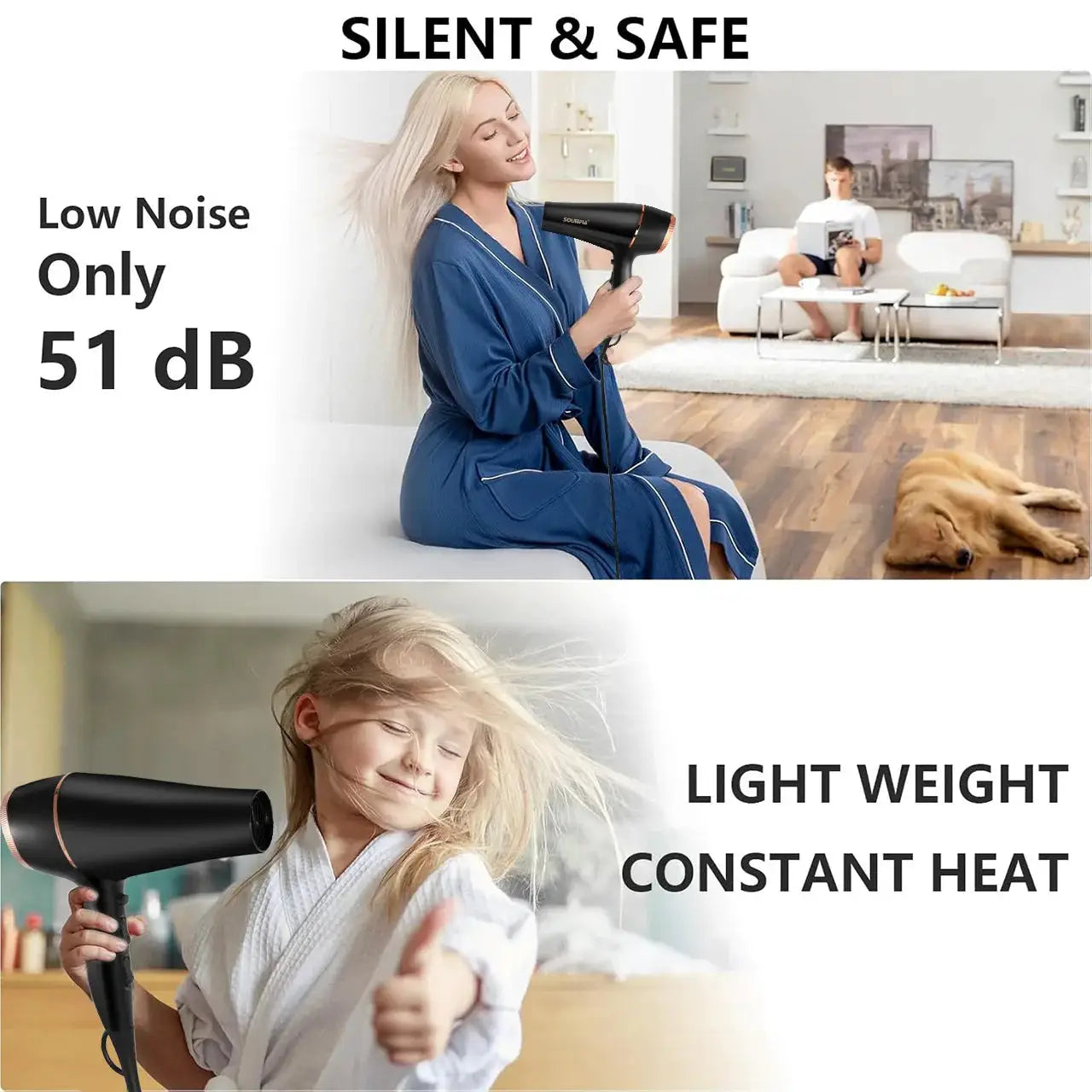 Simples Market 6-level professional hair dryer, black with copper trim, low-noise 51 dB for home salon