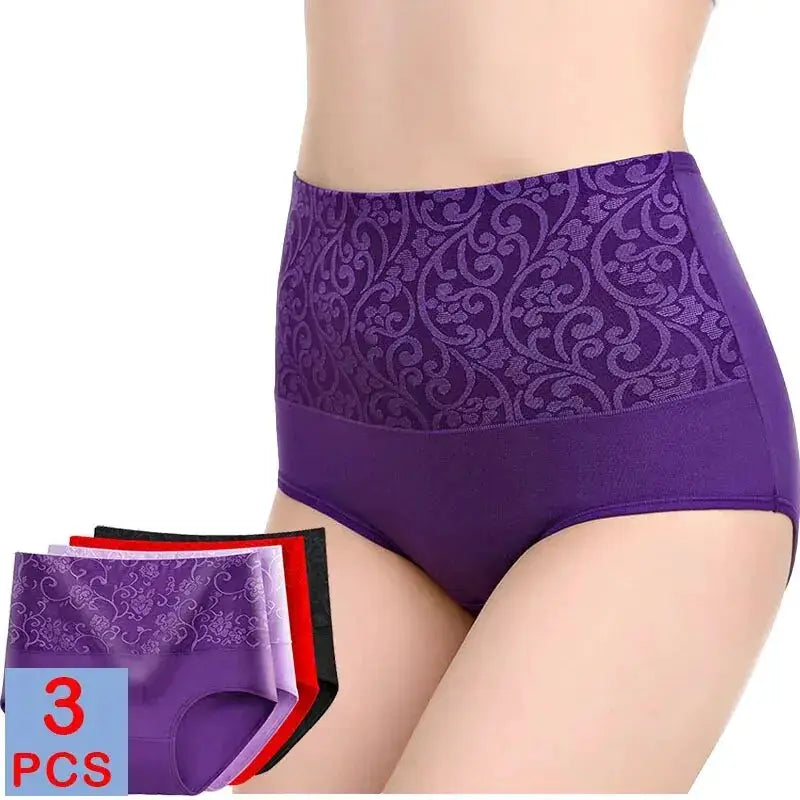 Plus-size women's high-waist cotton panties set in purple with a scroll pattern, 3 pieces.