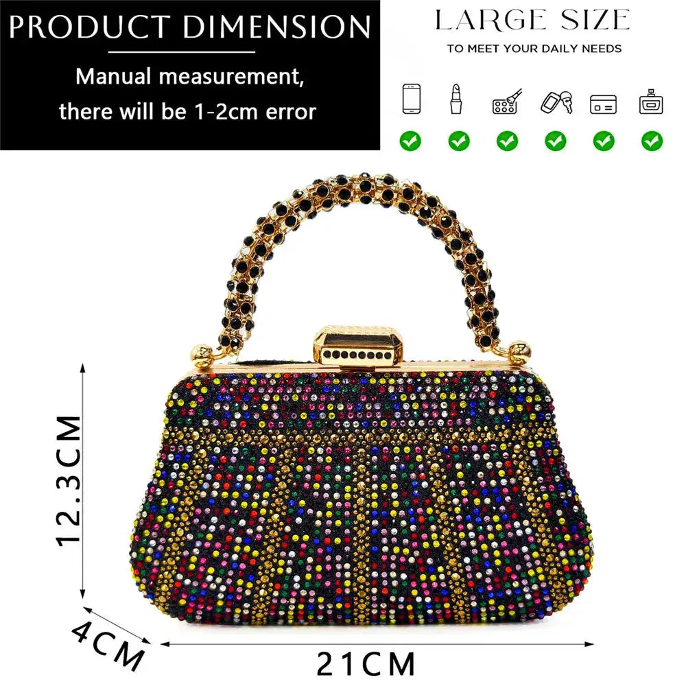 Simples Market rhinestone evening clutch with multicolor diamond design and gold handle, 21×12.3×4 cm