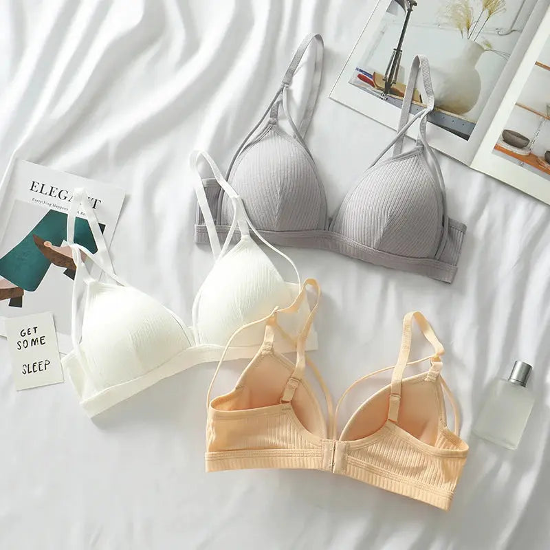 Bralette set, 3-pack wire-free triangle-cup bras in gray, white, and peach