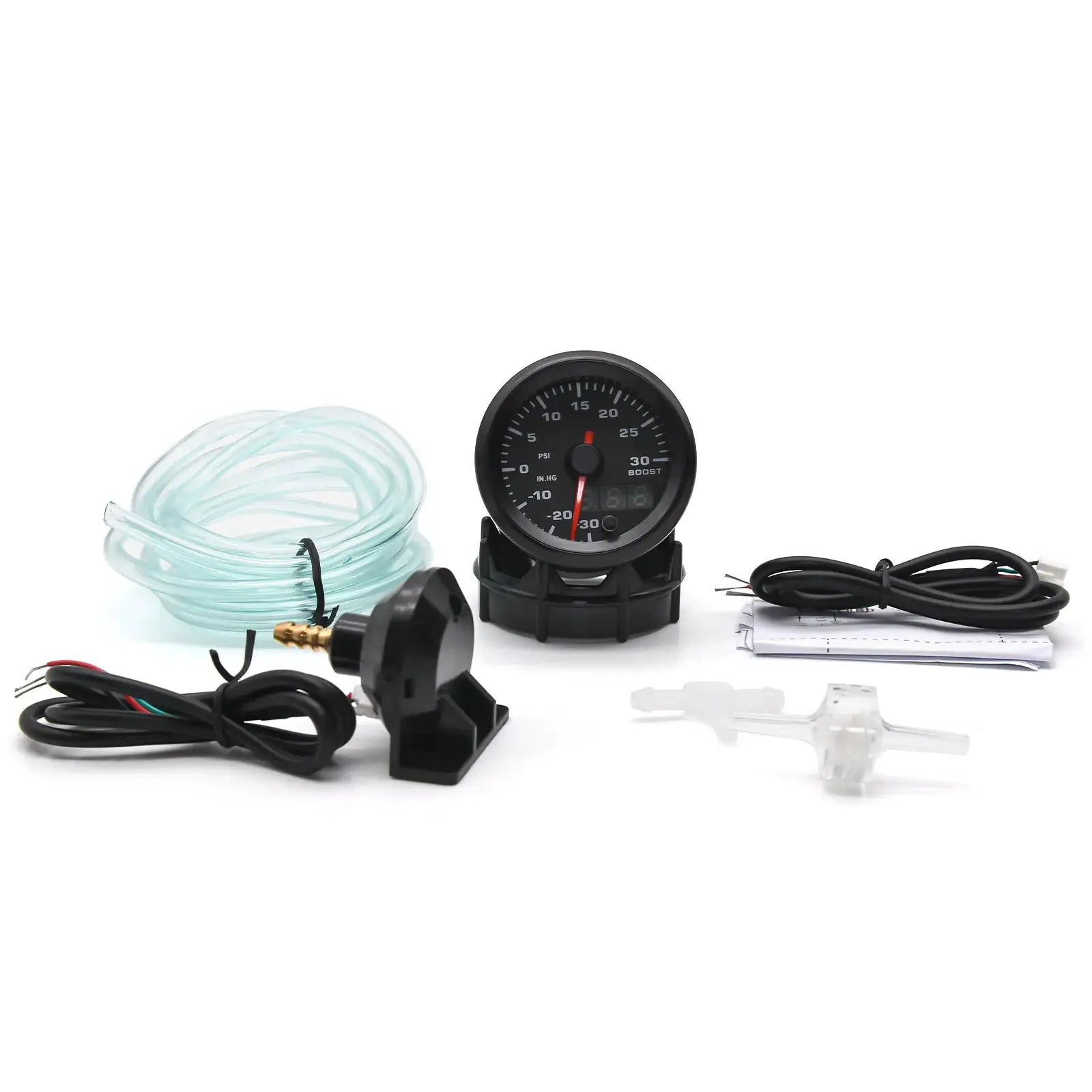 Simples Market 2-inch 52mm 7-color LED dual-display boost gauge kit with wiring harness, tubing and fittings.