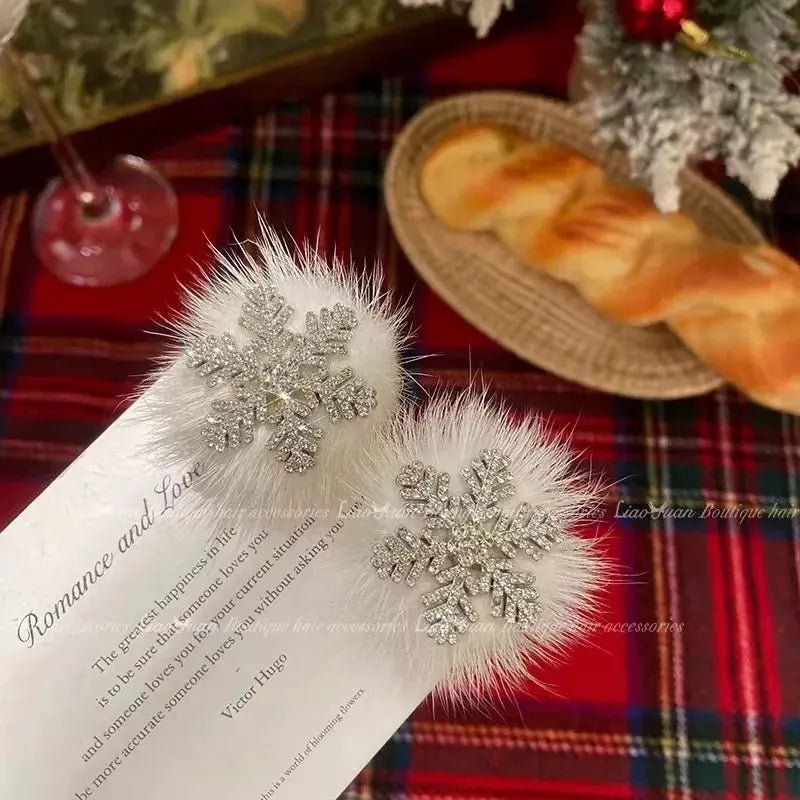 AuroraGlow Plush Fur Snowflake Hair Clips 2 Pack For Women Sparkling Rhinestone Accents Festive Hair Accessories