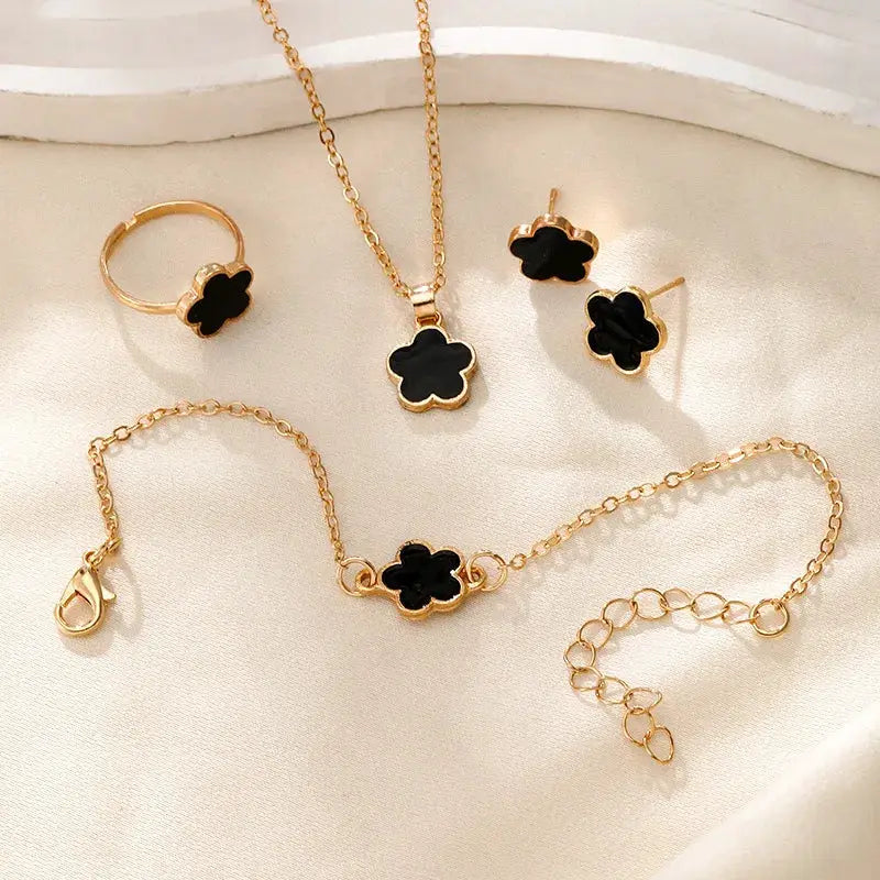 Lucky Clover Five Petal Necklace Earrings Ring Bracelet Set For Women Fashion Accessories Party Jewelry