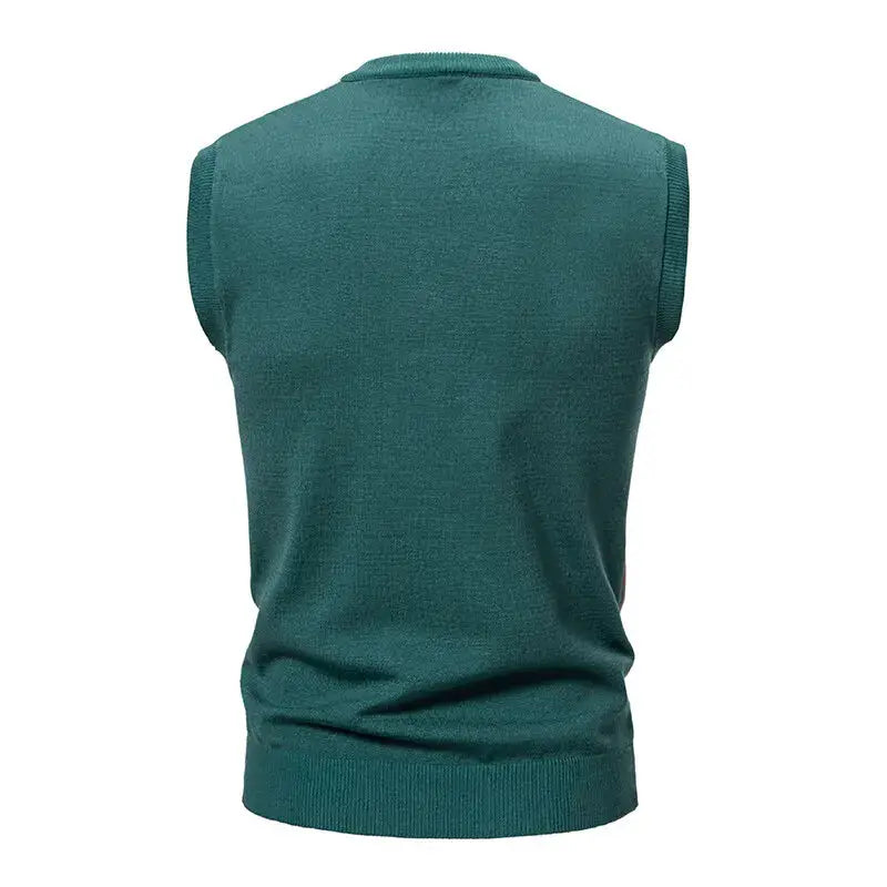 Men's teal sleeveless knit vest back view with ribbed hem