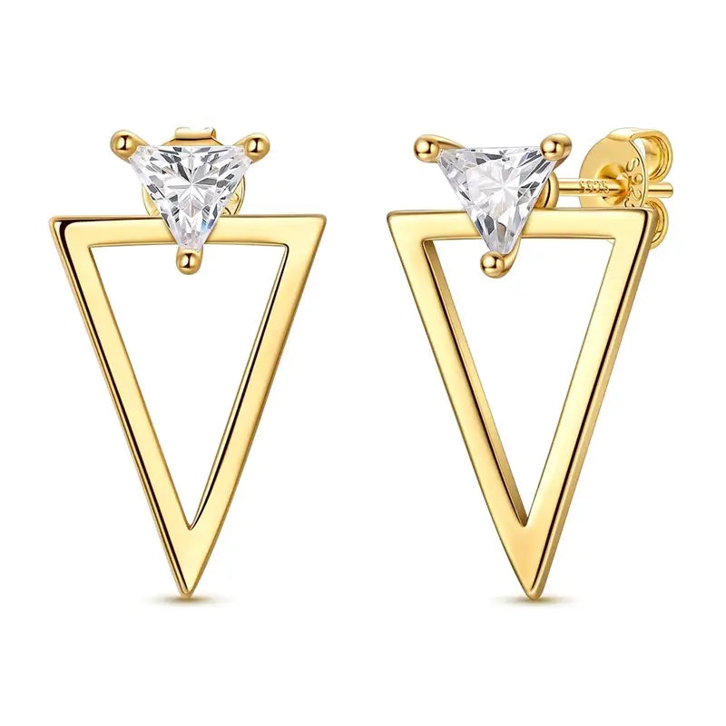 Gold-tone triangle hoop earrings pair with clear crystal tops