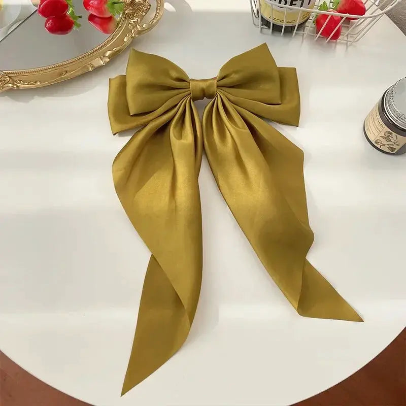 Korean Satin Bowknot Hair Clip For Women And Girls Long Ribbon Solid Color Barrette Hair Accessory