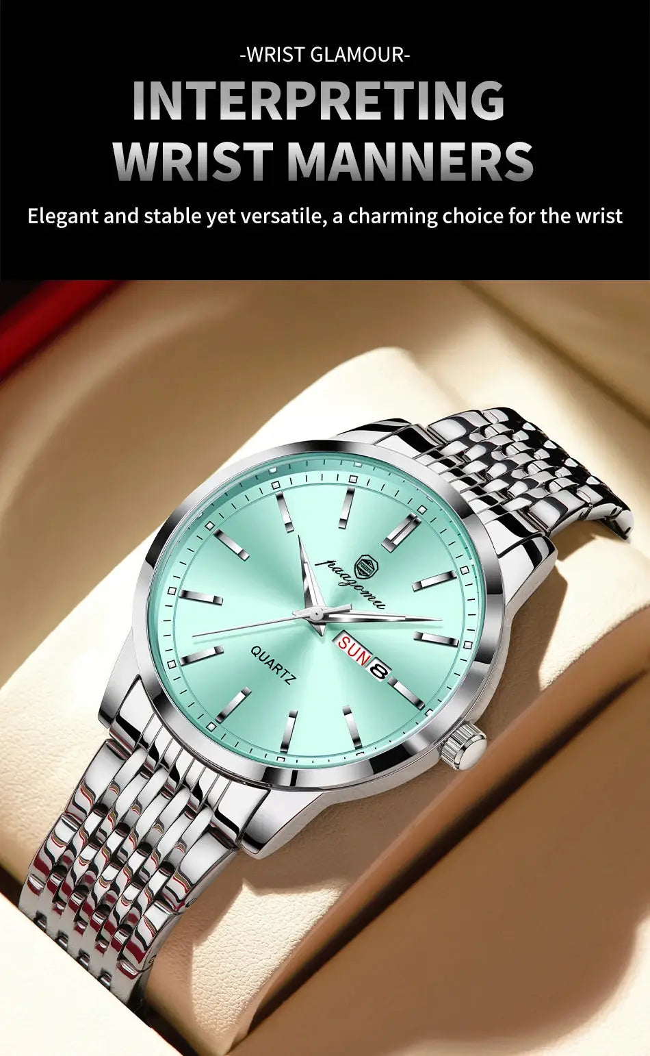 PAAZOMU men's luxury stainless steel watch with teal dial and date window