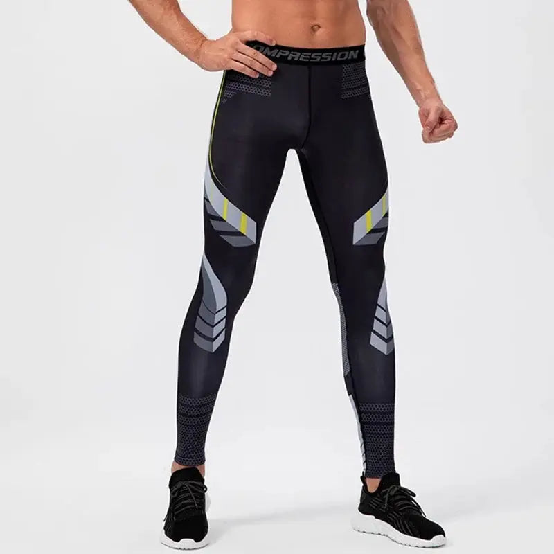 Men's compression leggings in black with gray geometric panels and neon yellow accents.