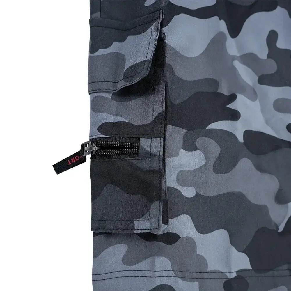 Camouflage cargo shorts with a zippered side pocket and multiple cargo pockets.