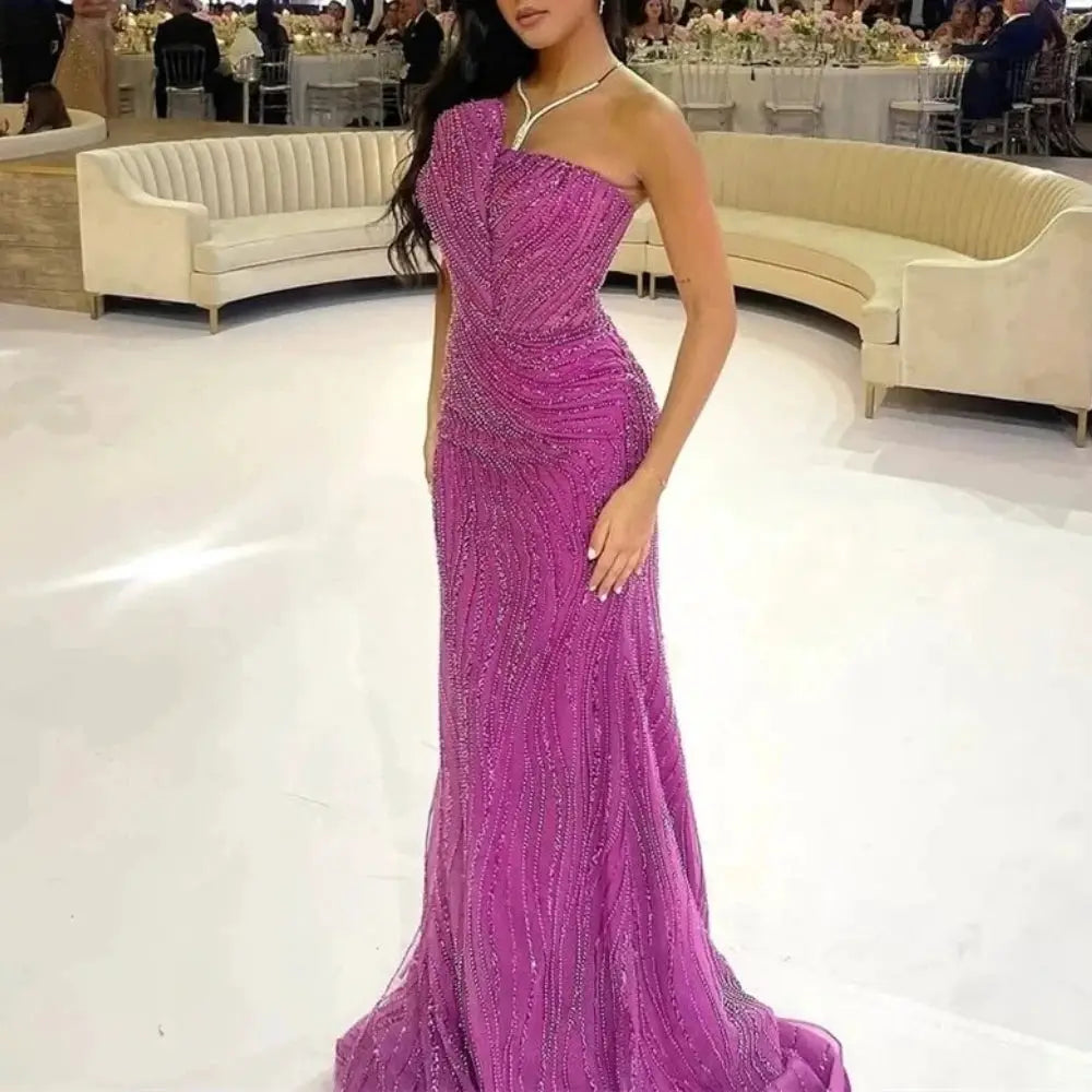 Elegant Vintage Pink Mermaid Evening Dress Beaded Lace Long Gown