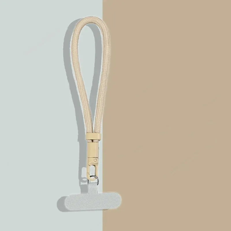 Mobile phone adjustable lanyard, beige braided rope with metal clip and wrist loop for anti-lost use
