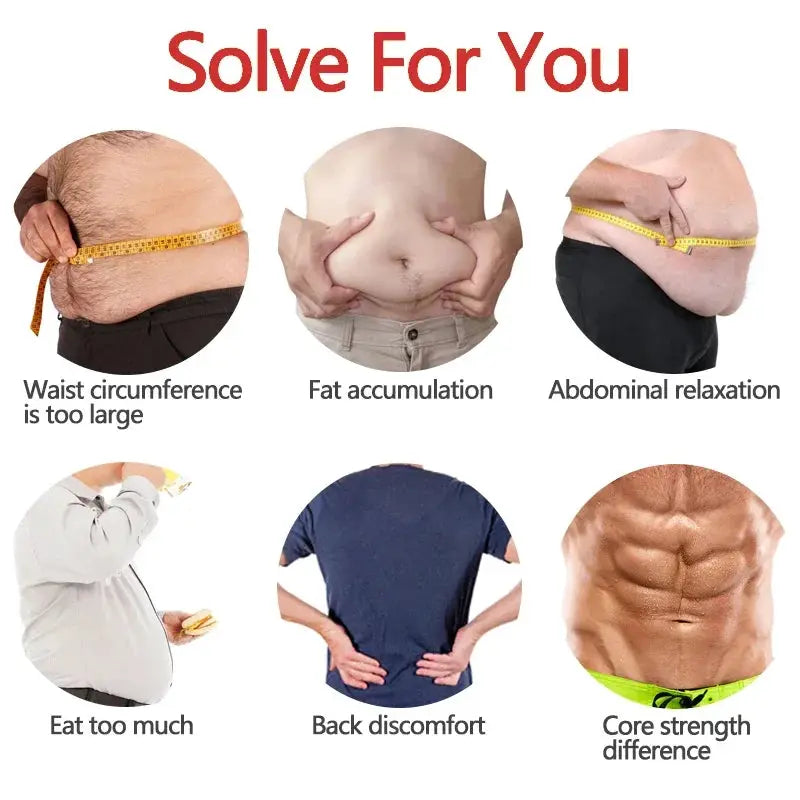Mens abdomen reducer sauna body shaper waist trainer by Simples Market; infographic with six circular torso-issue images.