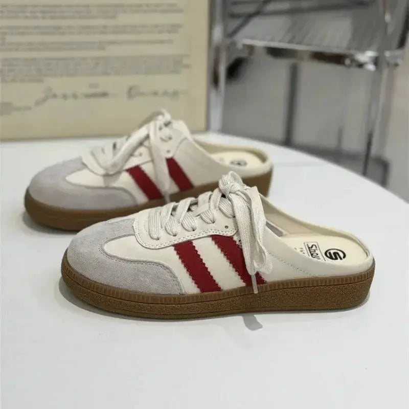 Women's casual sneakers from Simples Market with white/grey uppers, red stripes, gum sole (one pair)