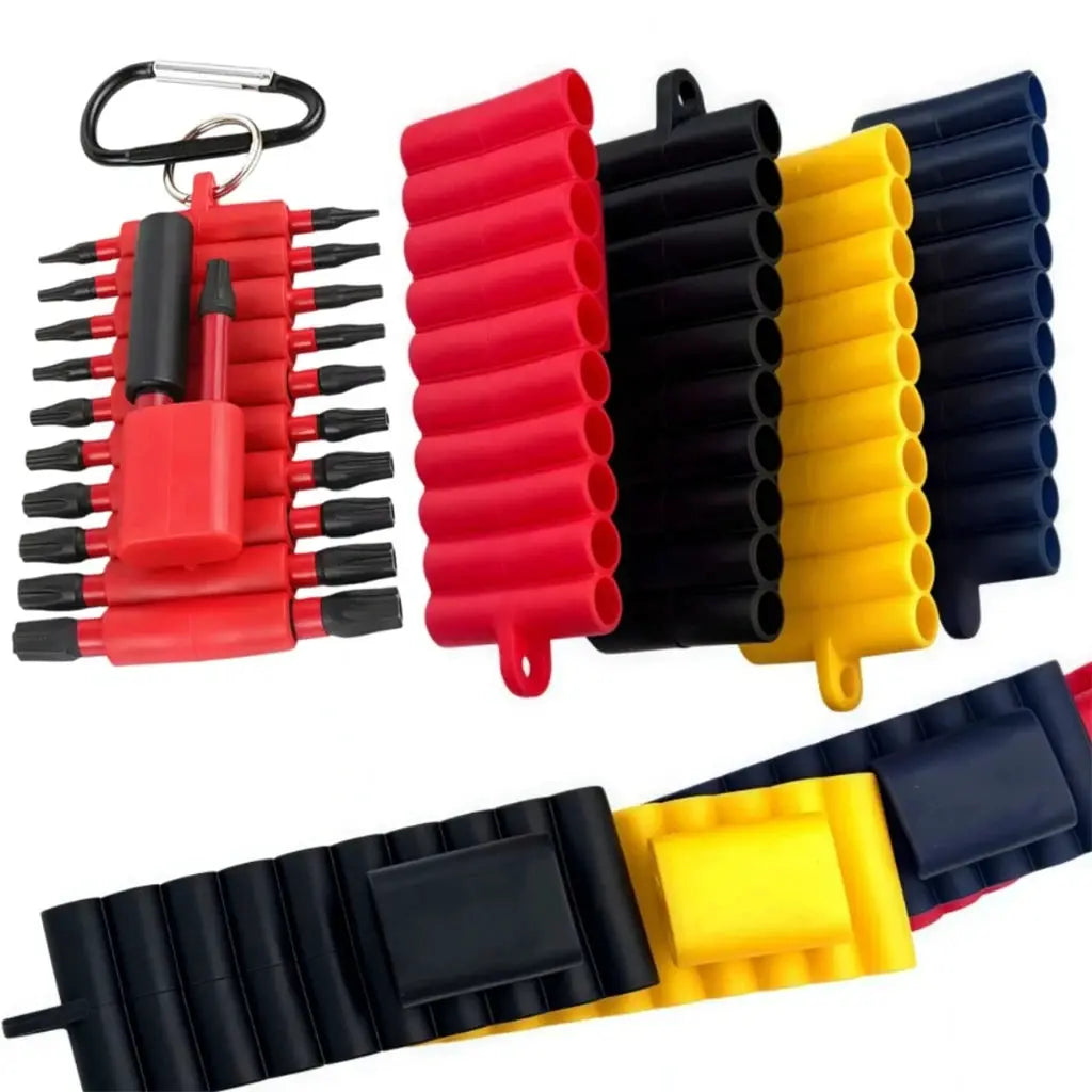 Screwdriver bit holder organizer by Simples Market, 22-hole soft rubber, 1/4 inch hex, color-coded red black yellow blue