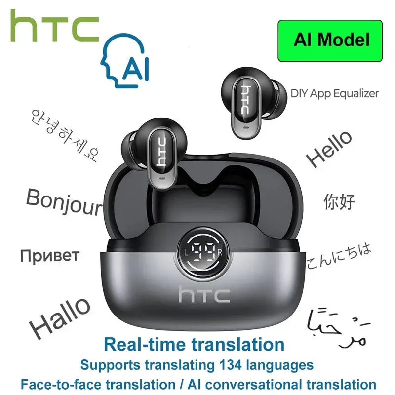 HTC NE79 real-time translation wireless earbuds pair with charging case, black with silver accents and LED display