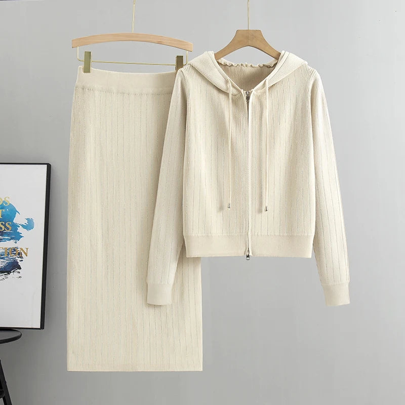 Two Piece Knit Cardigan And High Waisted Skirt Set With Diamond