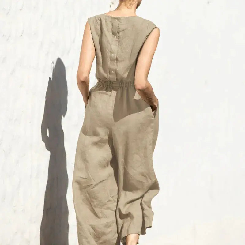 Simples Market women's cotton and linen jumpsuit, beige sleeveless high-waist with pockets and wide legs