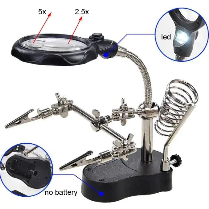 3.5X 12X Helping Hands Third Hand Soldering Iron Welding Stand With 2 LED Clip Magnifiers