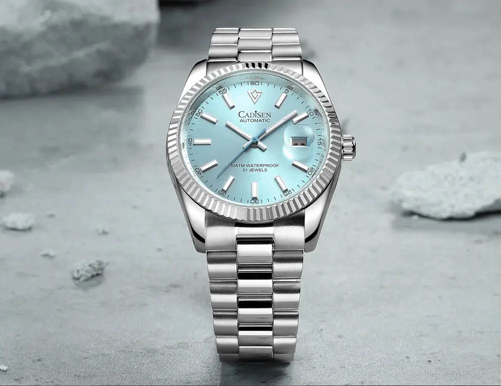 CADISEN men's stainless steel automatic watch with sky blue dial and luminous markers, 100m water resistant