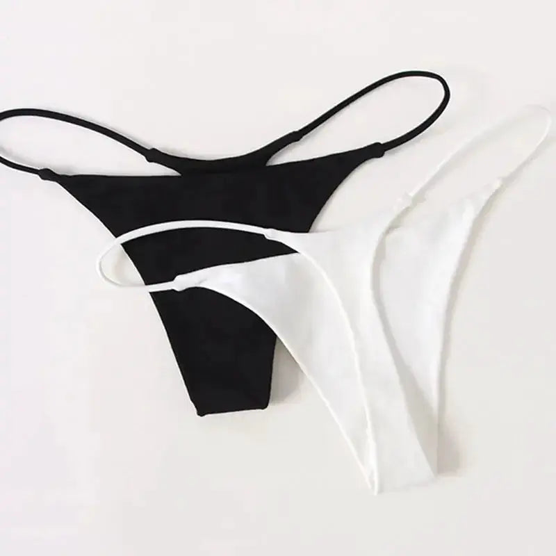 Women’s low-rise G-string underwear set of two in black and white, seamless thong briefs.