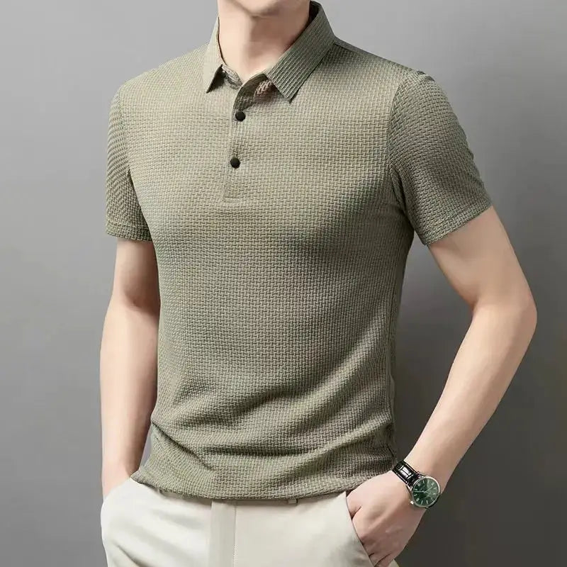 Men's bone-colored short-sleeve polo shirt with textured knit fabric