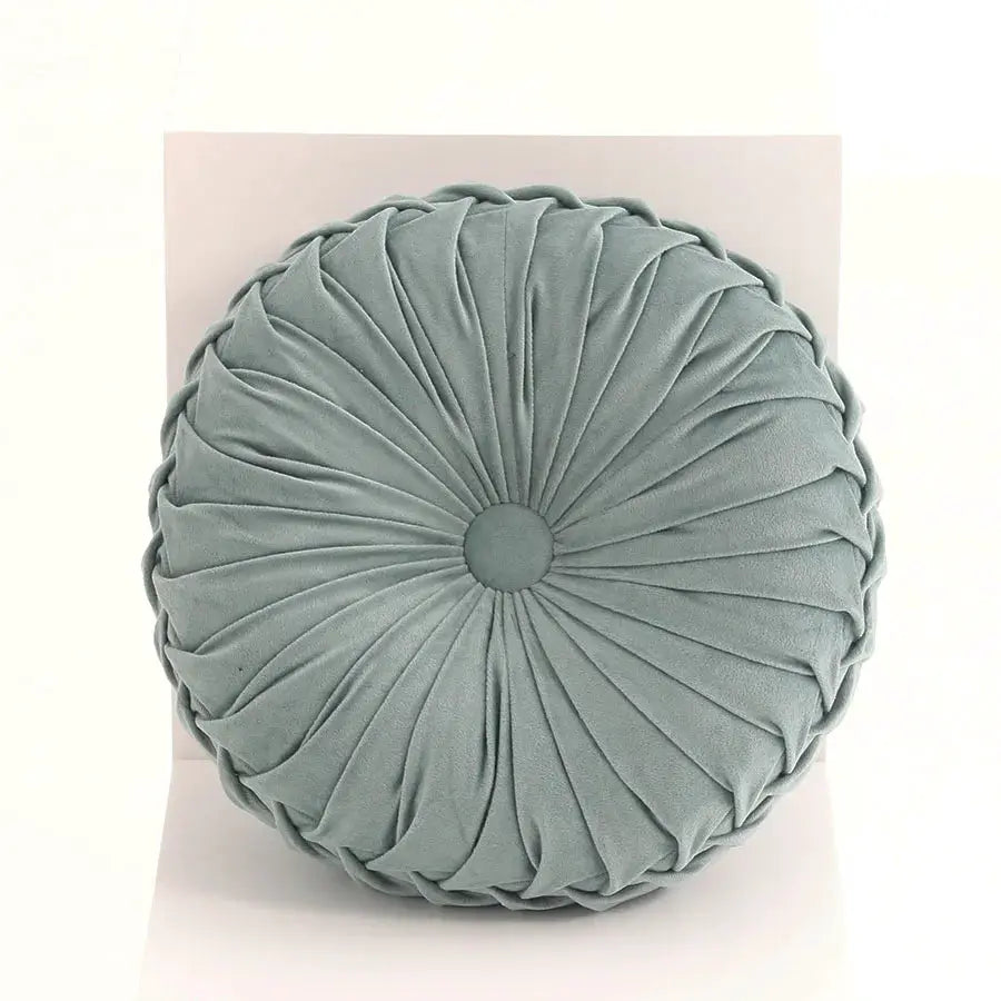 Round throw pillow with hand-sewn pleated 3D Dutch velvet in teal, lumbar backrest cushion.