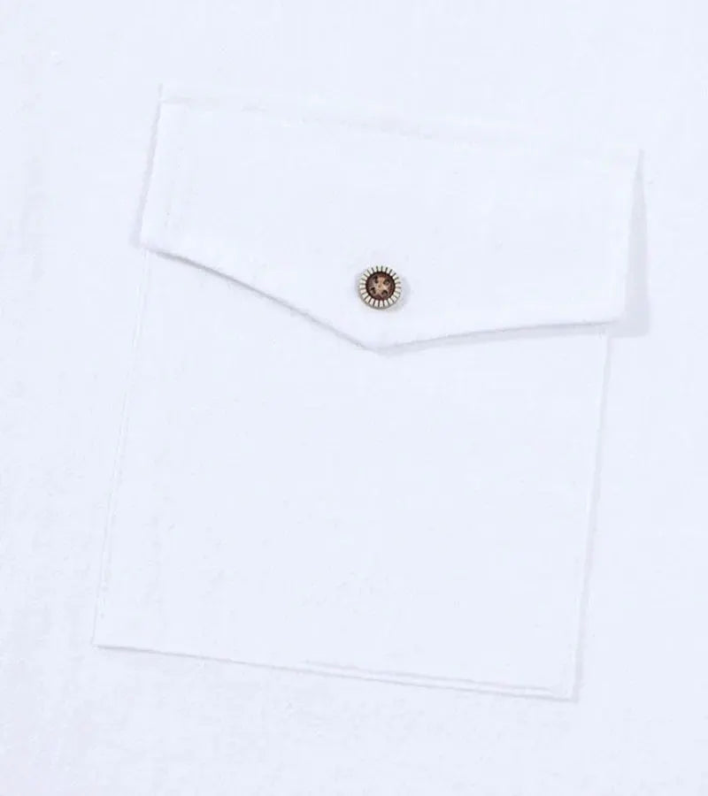 Men's white linen long-sleeve shirt with chest pocket and button front