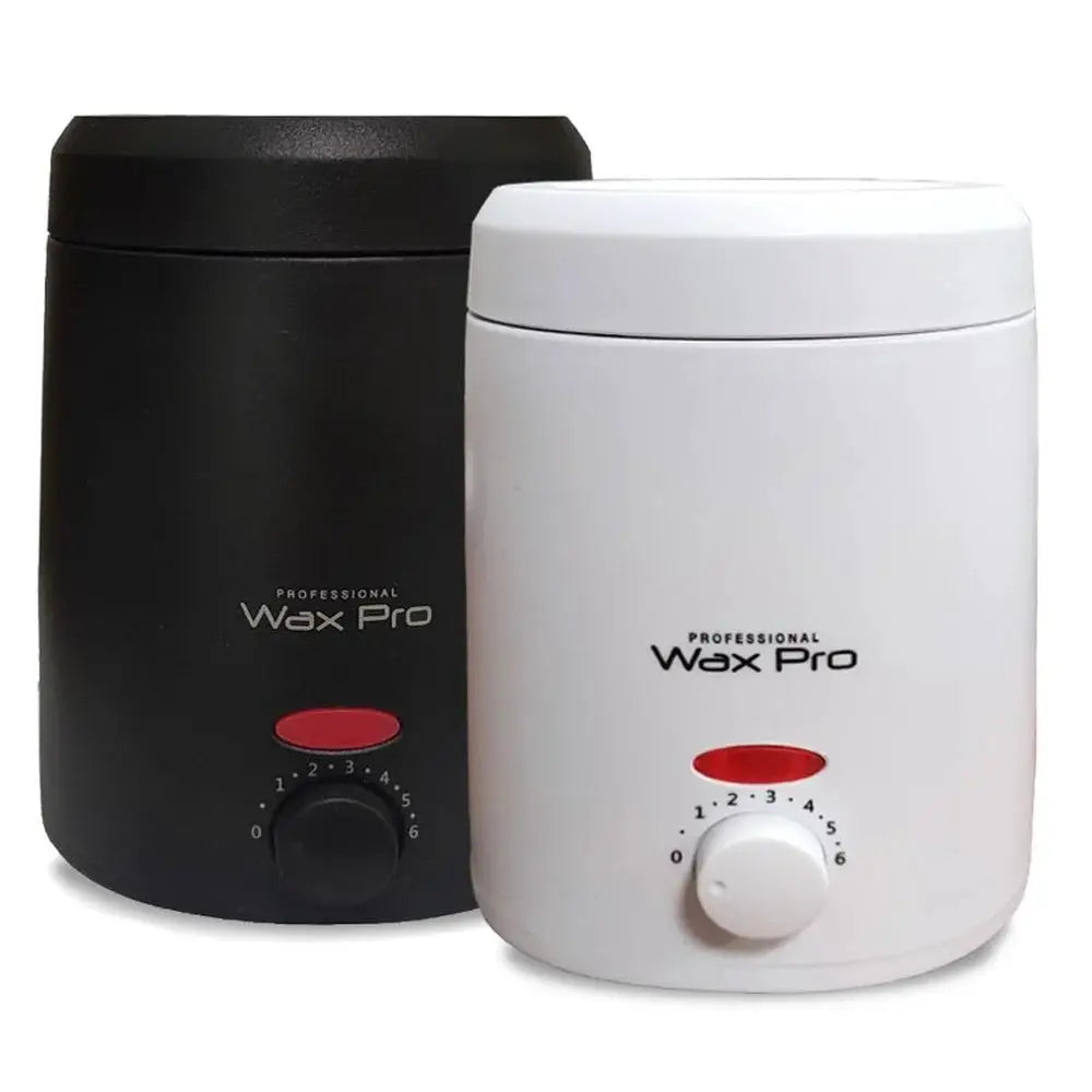 Wax heater duo: two 200ml black and white units with red indicator and dial, Wax Pro.