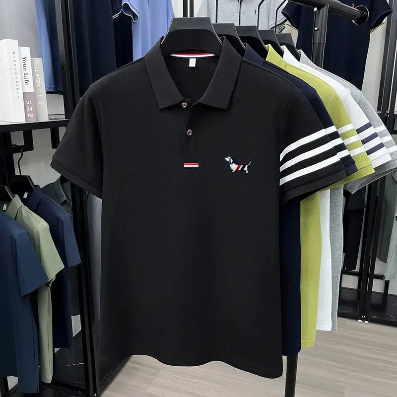 Polo shirt by Simples Market; black, short sleeves, puppy embroidery logo, striped cuffs