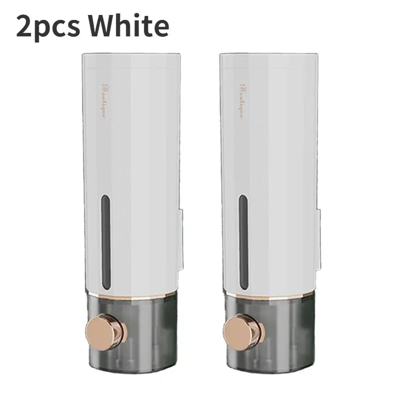 2pcs white wall-mounted manual soap dispensers with bronze-gold pumps.