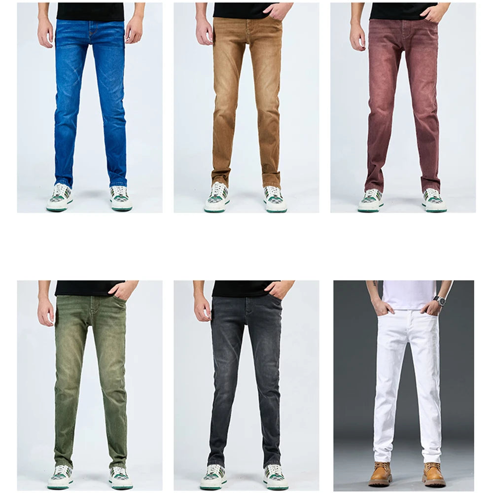 White Slim Fit Straight Jeans For Men 2025 Casual Stretch Denim Pants