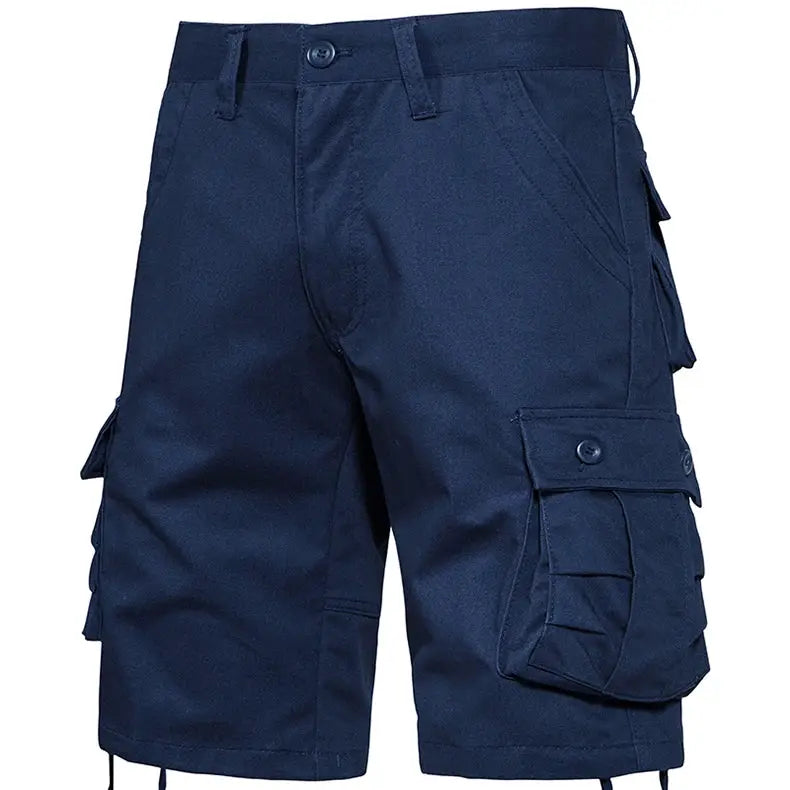 Men's navy cargo shorts with multiple side pockets, cotton casual outdoor shorts