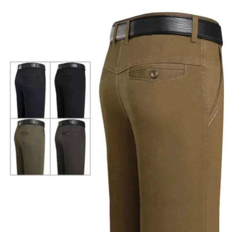 Men's office pants by Simples Market, 100% cotton khaki high-waist straight slacks with black belt; 5 color options shown.