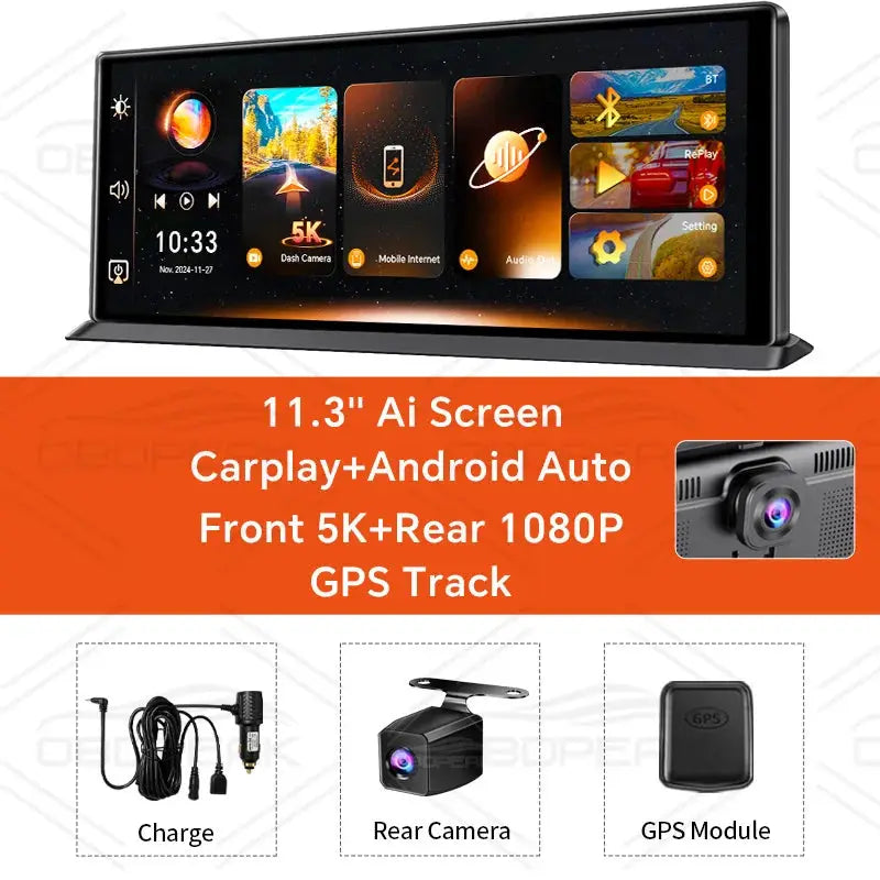 Simples Market OBDPEAK K8 Pro dash cam with 11.3-inch AI touchscreen CarPlay Android Auto front 5K rear 1080P GPS