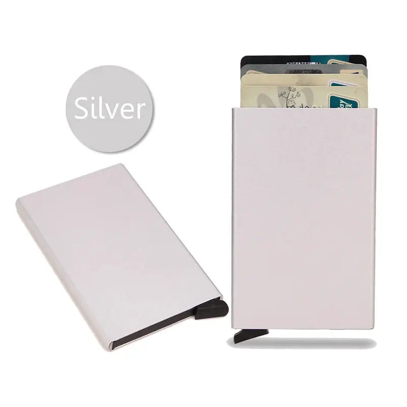 Silver aluminum RFID card holder with multiple card slots; two slim minimalist wallets shown