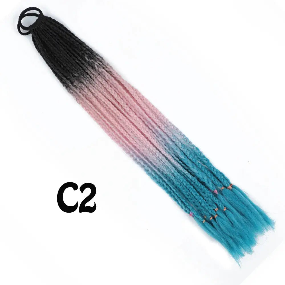 Ponytail hair extension: synthetic gradient braid with elastic band, 24in, black to pink to teal, Simples Market