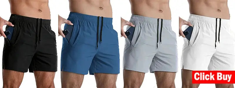 Men's sport shorts by Simples Market; set of four colors black blue gray white athletic running shorts.